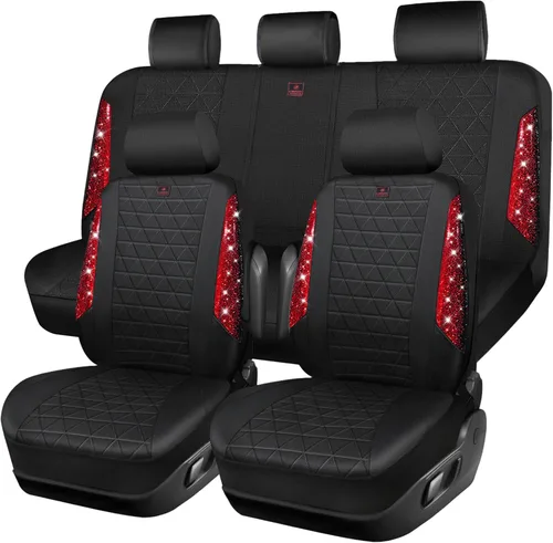 Vista 27 de CAR PASS Todos los juegos completos de fundas de asiento de automóvil de cuero con diamantes brillantes, impermeables, brillantes, ajuste universal