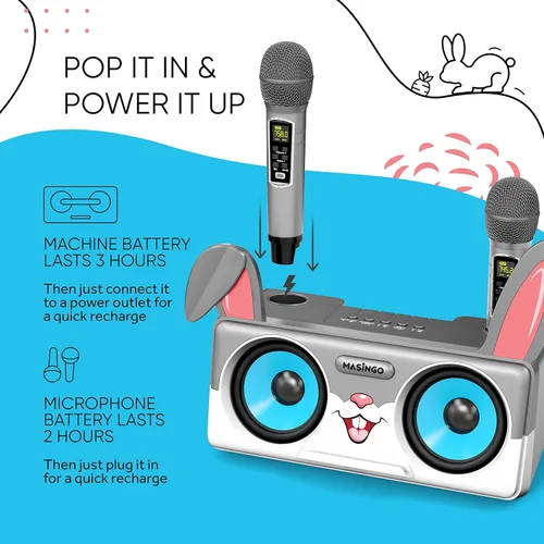 Vista 3 de Máquina de karaoke de conejo para niños, niños y niños pequeños con 2 micrófonos inalámbricos Bluetooth, sistema de altavoces PA portátil que