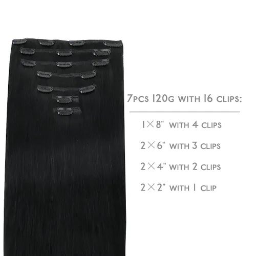 Vista 2 de WENNALIFE Extensiones de cabello humano real con pinzas, 12 pulgadas, 2.82 oz, 7 unidades, cabello Remy, lacio, negro azabache, extensiones