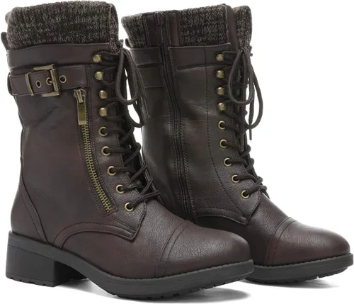 Vista 3 de DREAM PAIRS Botas militares de invierno con cordones de media pantorrilla para mujer