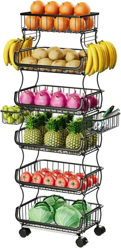 Simple Trending - Carrito rodante de 6 niveles apilable, canasta de frutas y verduras con ruedas y 2 canastas colgantes, soporte de alambre de metal