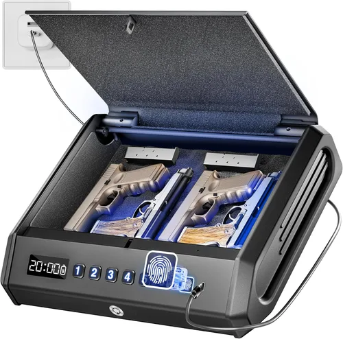 Vista 7 de Large Biometric Gun Safe fits 4 pistols, 100 Sets of Fingerprint Handgun Safe with Internal Light & Silent Mode, Emergency Power Supply Gun Lock Box