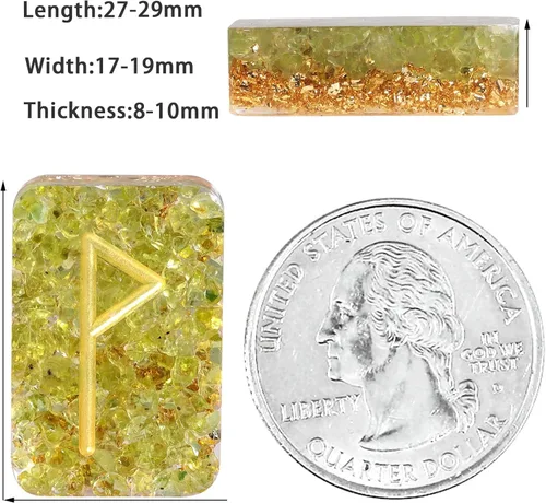 Vista 3 de mookaitedecor Juego de 25 piedras de runa de cristal de peridoto grabado, símbolo del alfabeto de Futhark dorado grabado, runas para meditación