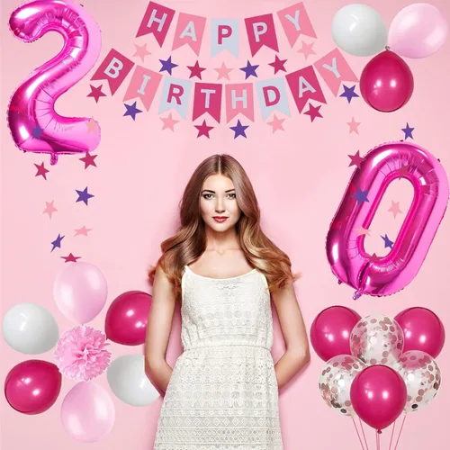 Vista 4 de Decoraciones de cumpleaños número 18 para niñas, suministros de globos rosados de feliz cumpleaños que incluyen 18 globos de números rosas