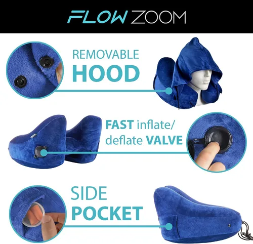 Vista 4 de FLOWZOOM Almohadas inflables de viaje para aviones - Almohada de viaje con capucha para el cuello de avión - Almohada de viaje para avión ajustable