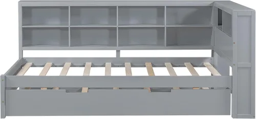 Vista 196 de Quarte Elegante cama de plataforma con estanterías en forma de L, cama de plataforma de madera tamaño individual con 2 cajones de almacenamiento
