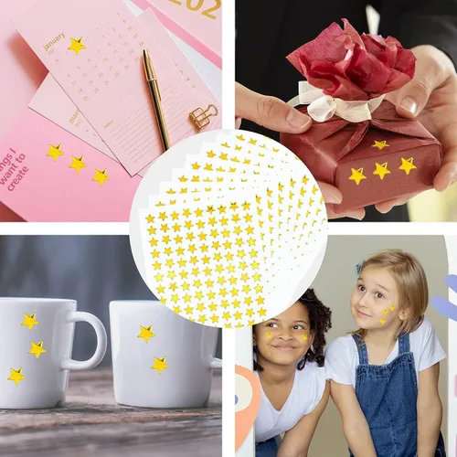 Vista 7 de Paquete de 1080 hojas de calcomanías pequeñas de estrellas doradas, calcomanías de recompensa de 0.3 pulgadas de diámetro para niños, cara, tabla