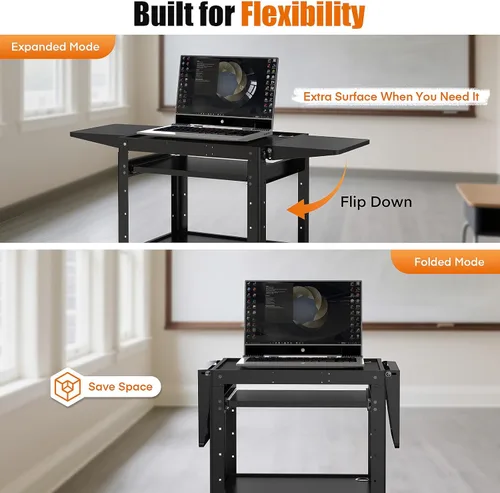 Vista 2 de Carrito AV con ruedas de acero con altura ajustable y potencia integrada, estación de trabajo multimedia de alta resistencia con estantes y ruedas