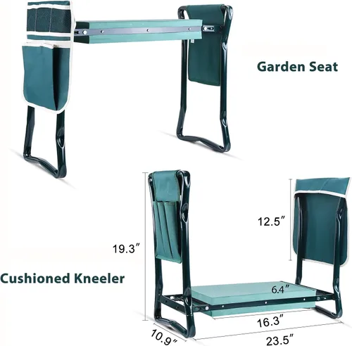 Vista 3 de Banco plegable 2-en-1 para jardín, de la marca Ohuhu, reclinatorio y asiento, incluye 2 bolsas de herramientas, para exterior, Verde