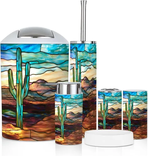 Vista 11 de Bathroom Accessory Set 6 Piece Emerald Cactus Vibrant Sky Stained Glass Western Scene Trash can, Toothbrush Holder, Soap Dispenser, Soap Dish