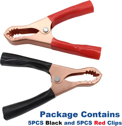 Vista 4 de Pinzas de cocodrilo aisladas duraderas de servicio pesado en negro y rojo para arranque de metal con resorte para batería de camión y coche, clips