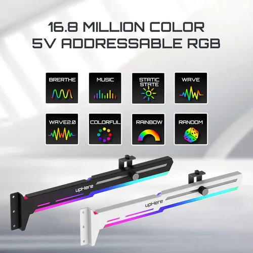 Vista 7 de upHere Soporte de tarjeta gráfica RGB direccionable de 5 V y 3 pines, soporte para tarjeta de vídeo, tira ARGB integrada de 5 V, soporte de longitud