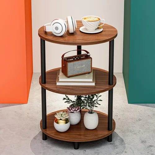 Vista 15 de Mesa auxiliar redonda pequeña, mesa decorativa ovalada de 3 niveles para espacios pequeños, mesa auxiliar de sofá de madera rústica y metal, mesita