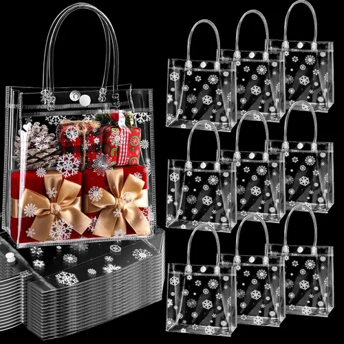 Vista 8 de Gueevin 60 bolsas de regalo transparentes de Navidad con asas, bolsas de plástico a granel para dulces, copos de nieve, bolsas de regalo