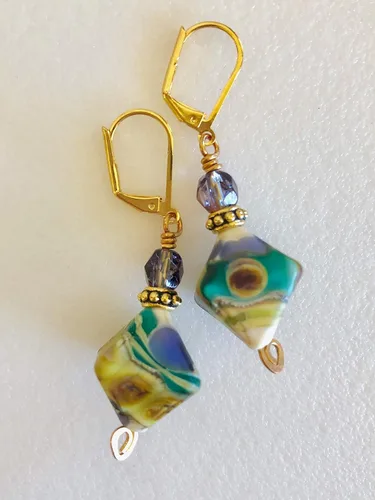 Vista 3 de Lavender and Teal Lampwork Earrings, Lavender Teal Lime Green Glass, Artisan Handmade Glass, Diamond Pyramid Beads, Czech Glass, Bohemian.