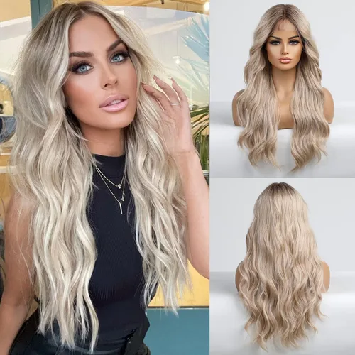 EMMOR Peluca rubia con encaje frontal, peluca ondulada con raya en medio, peluca sintética resistente al calor