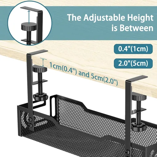 Vista 4 de Bandeja de gestión de cables para debajo del escritorio, bandeja de cables de escritorio de malla sin taladro, bandeja de gestión de cables, estante