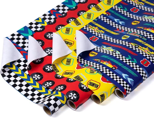 Vista 2 de WRAPAHOLIC Rollo de Papel de Regalo de Cumpleaños - Mini Rollo - 4 Rollos - 17 Pulgadas X 120 Pulgadas Por Rollo - Impresión Genial de Autos