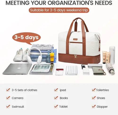 Vista 10 de LOVEVOOK Bolsa de fin de semana, bolsa de viaje grande para mujer con 2 cubos de embalaje, bolsa de mano con compartimento para zapatos, bolsas