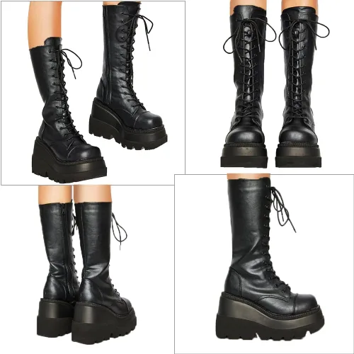 Vista 3 de CELNEPHO - Botas para mujer, estilo de combate, punk, de plataforma alta, hasta mitad de la pantorrilla, de cuña, con tacones altos y gruesos