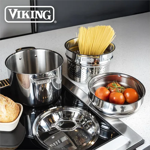 Vista 6 de Viking - Olla de pasta de acero inoxidable de 3 capas con tapa, 7,5 litros, juego de 4 ollas multiusos para cocina, incluye inserto para pasta