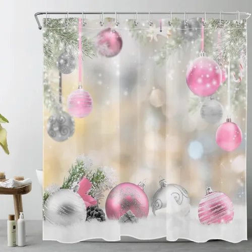 Vista 8 de LB Merry Christmas Shower Curtain Decor, Silver Blue Xmas Ball with Green Fir Branches Shower Curtain for Bathroom 60" W x 72" L Polyester Fabric