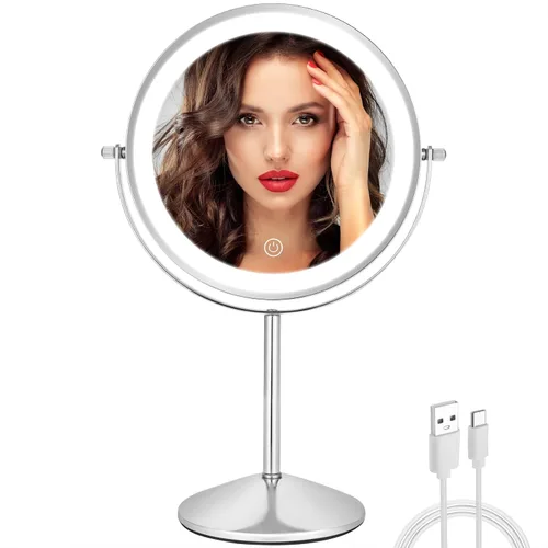 Vista 8 de 8" Makeup Mirror with Lights, 1X/10X Lighted Vanity Mirror with Magnification, 3 Color Adjustable Brightness, 360° Rotating Dual-Side, USB