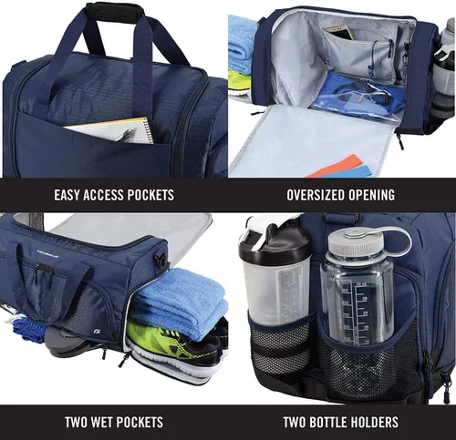 Vista 4 de Ultimate Gym Bag 2.0 la duradera bolsa de lona diseñada por crowdsource con 10 compartimentos óptimos, incluyendo bolsa resistente al agua