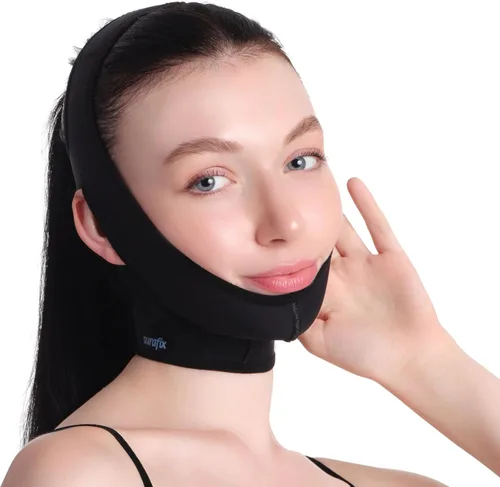 Vista 8 de Correa de barbilla posquirúrgica para mujer, compresión de cuello y barbilla, correas para la cara, ajuste de la papilla (M, negro)