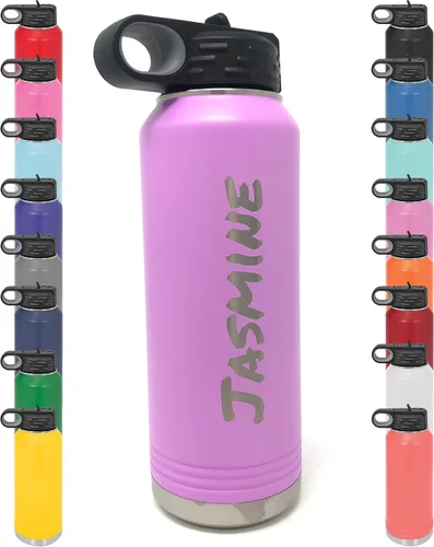 Vista 3 de Botella de agua personalizada con recubrimiento en polvo de 32 onzas, de acero inoxidable con doble pared aislada al vacío, grabado personalizado