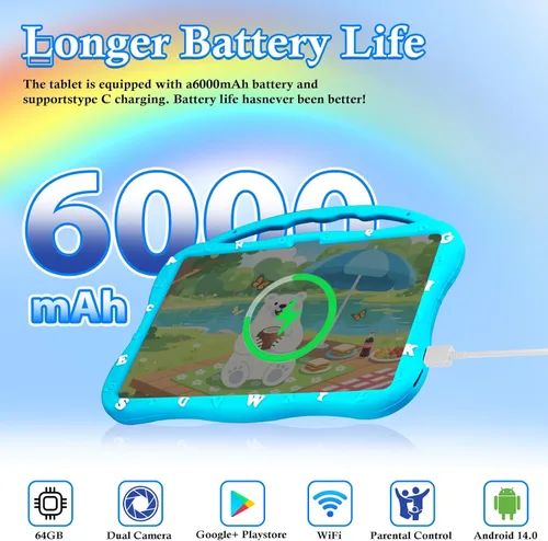 Vista 6 de MengDash Tableta para niños, tableta de 10.1 pulgadas para niños, tableta de aprendizaje educativo Android 14, 12 (4+8) GB de RAM+64GB de Azul