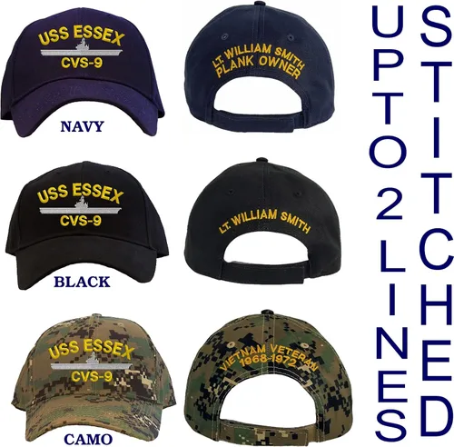 Vista 4 de Gorra de béisbol bordada personalizada USS Essex CVS-9 azul marino, marino