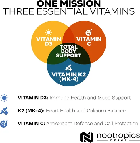 Vista 5 de Nootropics Depot Vitamina D3 + K2 con tabletas de vitamina C 60 unidades Colecalciferol + Menaquinona-4 (MK-4) Salud del estado de ánimo