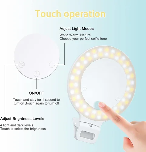Vista 2 de Anillo de luz para selfie, control táctil de luz de anillo con clip, recargable de 800 mAh, 60 luces LED circulares con 3 modos de luz