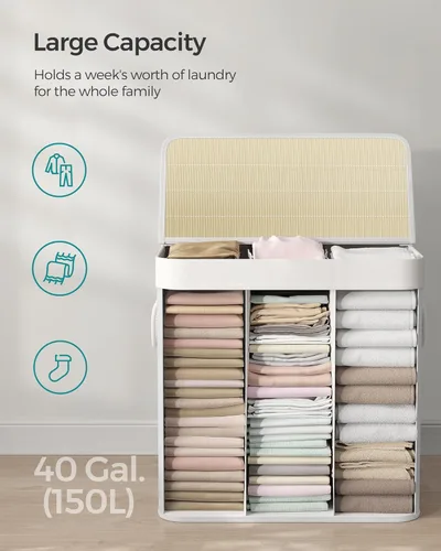 Vista 4 de SONGMICS Cesta para la ropa sucia, 39.6 galones (150L), cesta de lavandería de 3 secciones, cesta de lavandería con tapa, bambú, plegable, extraíble