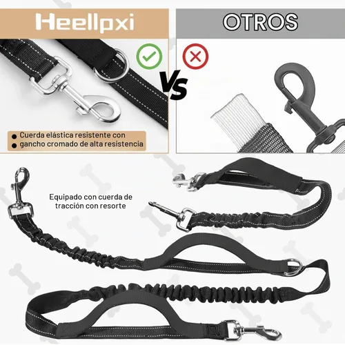 Vista 4 de Correa para perro con cinturón, costuras reflectantes, asas dobles, diseño retráctil elástico, perfecto para correr, negro, adecuado para perros