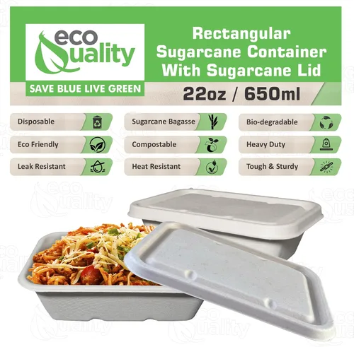 Vista 2 de EcoQuality Cuencos desechables de 22 onzas con tapas de fibra, cuencos rectangulares de papel biodegradable de fibra de caña de azúcar compostable