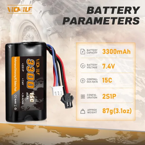 Vista 2 de Batería de iones de litio de 7.4 V 3300 mAh RC de alta capacidad con enchufe SM-2P 2S recargable con 1 a 2 cargador USB apto para camiones MN WPL RC