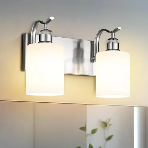 Vista 21 de Lámpara de tocador de baño con 4 luces, aplique de pared de níquel cepillado, lámpara de baño moderna con vidrio transparente, VL01BN-4