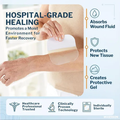 Vista 5 de McKesson Apósito hidrocoloide, estéril, fino (10 cajas, 200 apósitos en total) – Vendaje estéril autoadhesivo, parche impermeable para úlceras