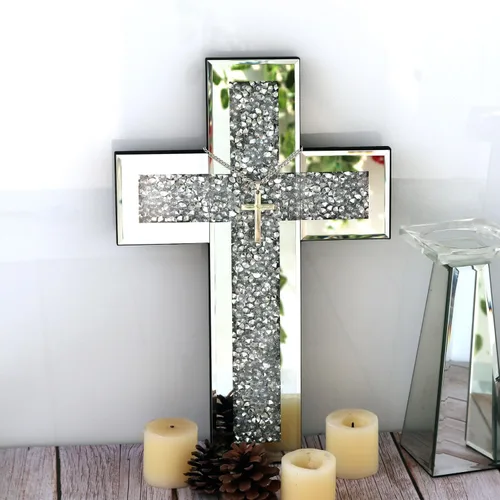 Vista 6 de GIMORRTO Decoración de pared con cruz espejada, cristal de diamante triturado, arte de pared religioso (pequeño)