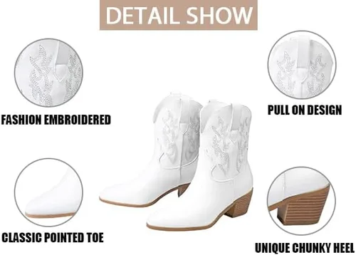 Vista 3 de STALOV Botas vaqueras occidentales para mujer, bordadas, plateadas, hasta el tobillo, punta puntiaguda, sin cierre, tacón de bloque, casual