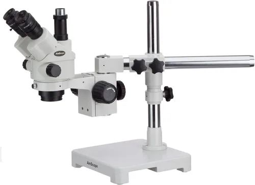 AmScope SM‑3NTPY Microscopio estéreo trinocular con zoom 7X a 90X con zoom bloqueable, soporte de brazo único y puerto de fotos para imágenes