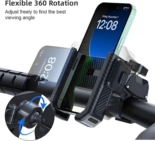 Vista 7 de Soporte para teléfono de bicicleta, abrazadera para manillar de motocicleta con liberación con una sola mano y bloqueo rápido, rotación de 360