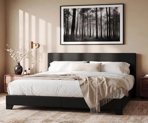 Vista 15 de Allewie Base de cama tamaño matrimonial con cabecera ajustable, cama tapizada con plataforma y listones de madera, base de colchón resistente,