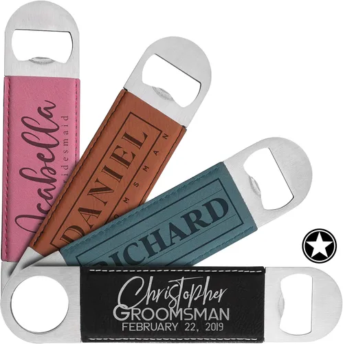 Vista 13 de Juego de 6 abrebotellas personalizados, diseño de cuero inoxidable, 10 diseños, marrón, despedida de soltero y regalo de boda