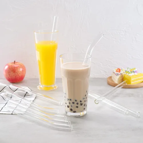 Vista 4 de 10 popotes Boba de vidrio reutilizables, 0.354 x 0.551 in de ancho, para té de burbujas, batidos, juego de 5 rectas y 5 dobladas con 2 cepillos