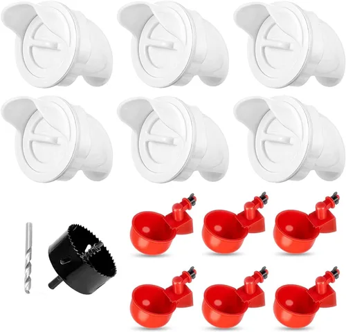 Alimentador de pollo impermeable y bebedero de pollo, 6 unidades sin desperdicios para cubos, barriles, contenedores y 6 tazas de agua de pollo para