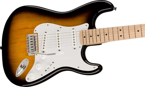 Vista 5 de Guitarra eléctrica Squire Sonic Stratocaster, Sunburst de 2 colores, diapasón de madera de arce, protector blanco