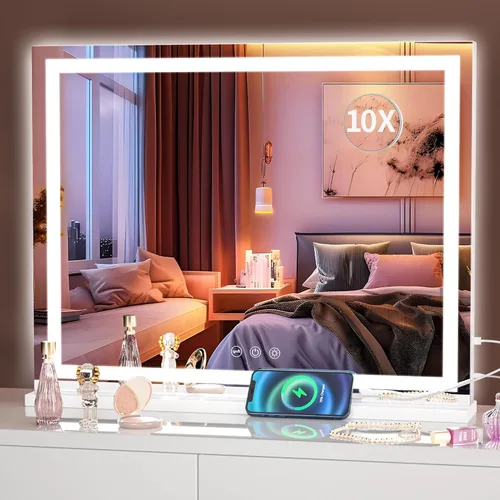 Vista 19 de Hasipu Espejo de tocador con luces, espejo LED de maquillaje de 31.5 x 22 pulgadas, espejo de maquillaje iluminado con 3 modos regulables, espejo